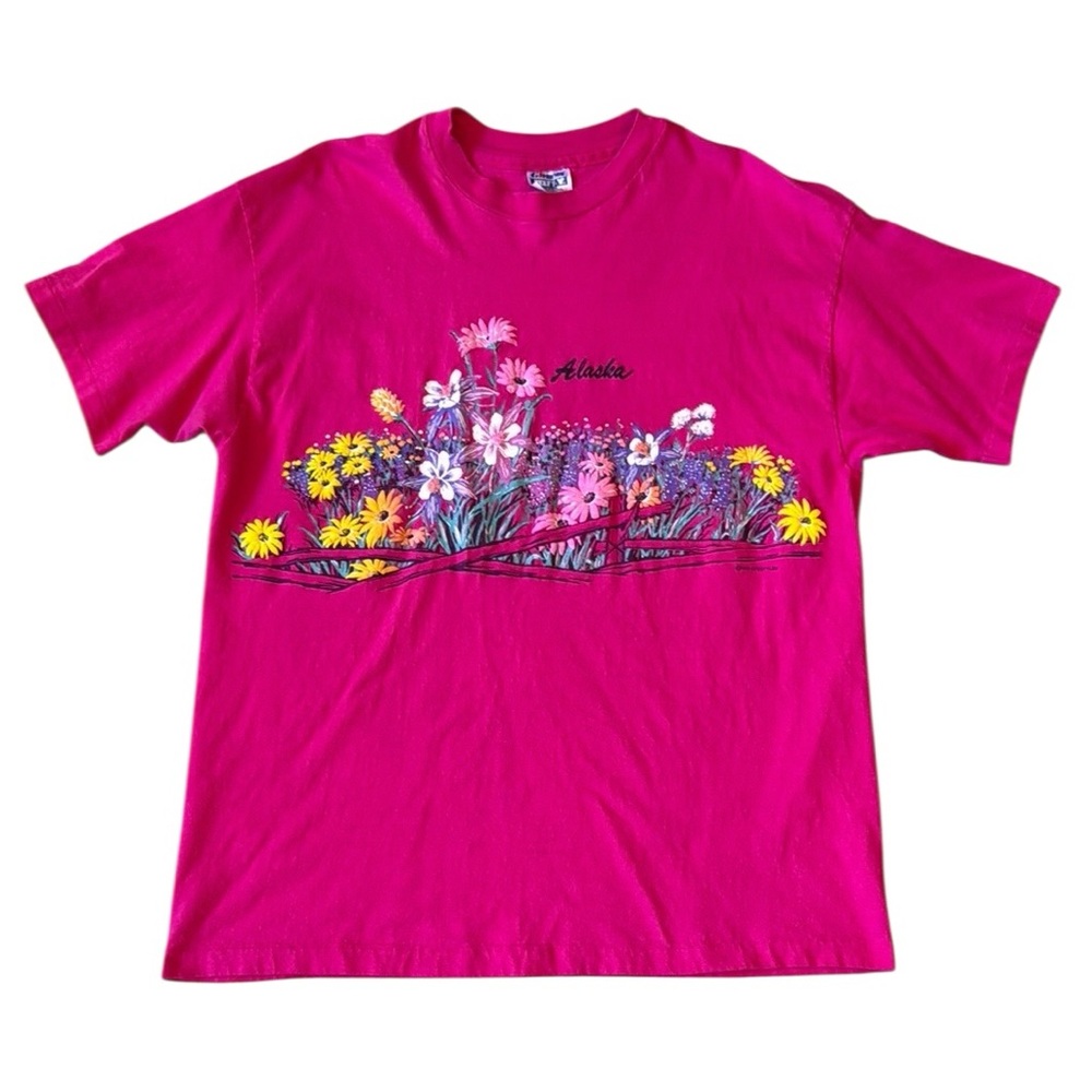 Vintage 90’s Puff Floral Alaska T-Shirt Heavy Cotton Single Stitch Two-Sided XL
